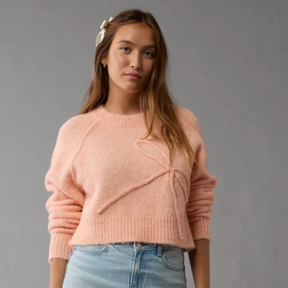 American Eagle AE Cropped Crew Neck Bow Sweater in Peach Pink